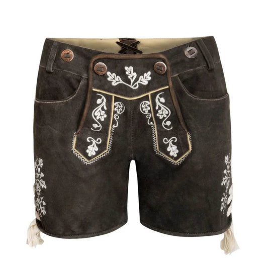Damen Lederhosen kurz dunkelbraun mit Trachtenstickerei - Lederhose Herren