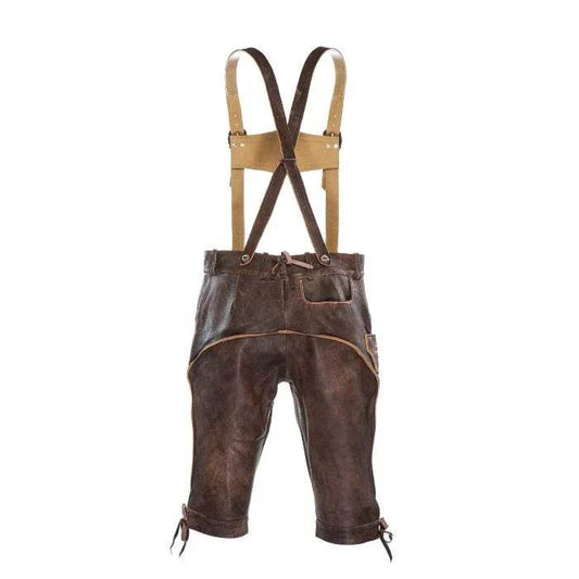 Men's brown leather lederhosen with tan shoulder straps and front pockets