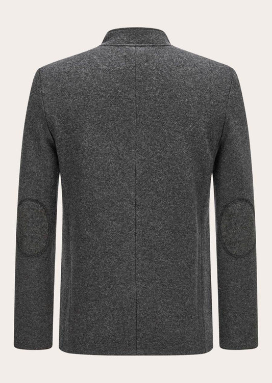 Men's traditional blazer back in dark gray with center seam and sleeve patch pockets