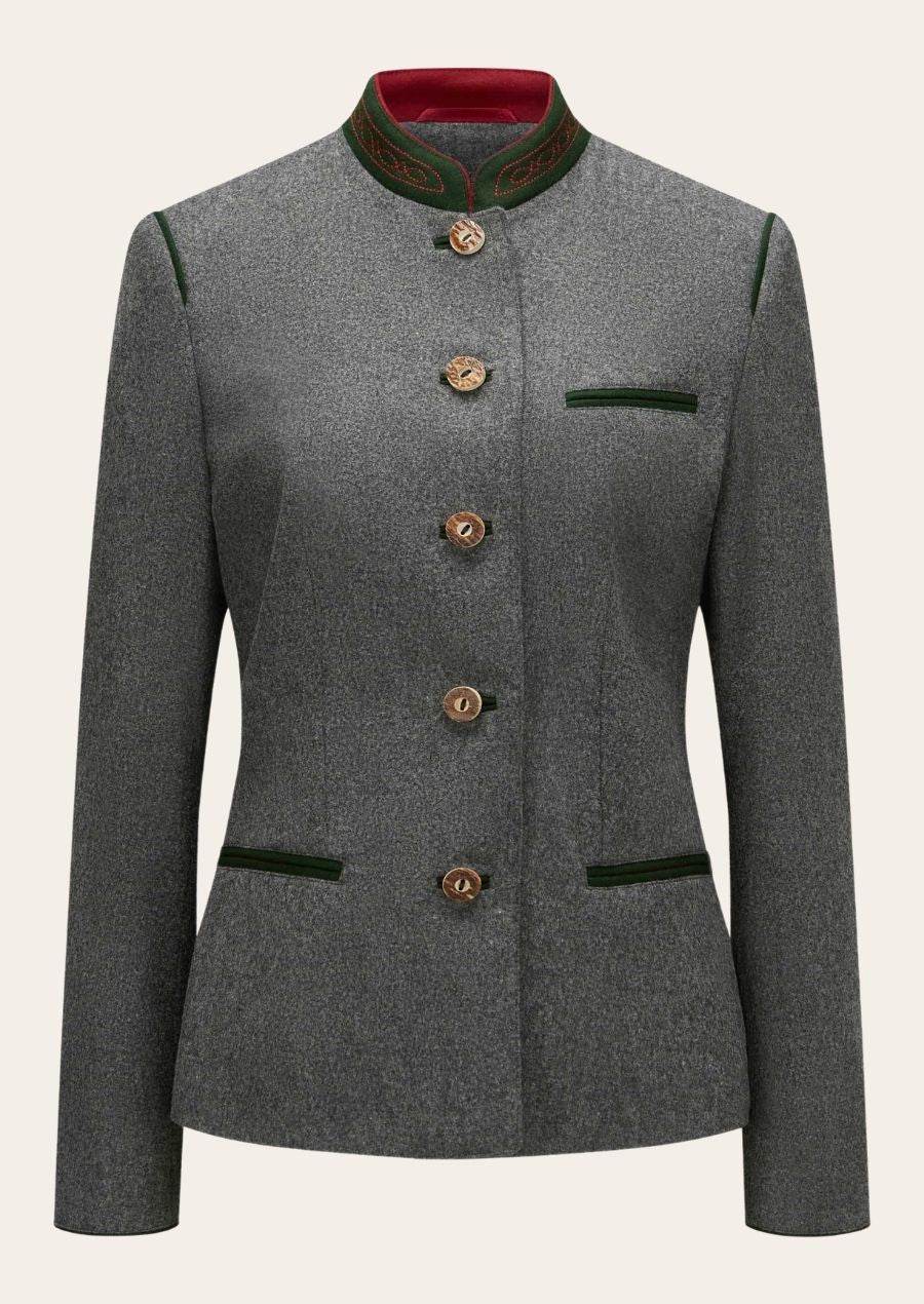 Women’s traditional jacket in gray with green trim, stand collar, bronze buttons