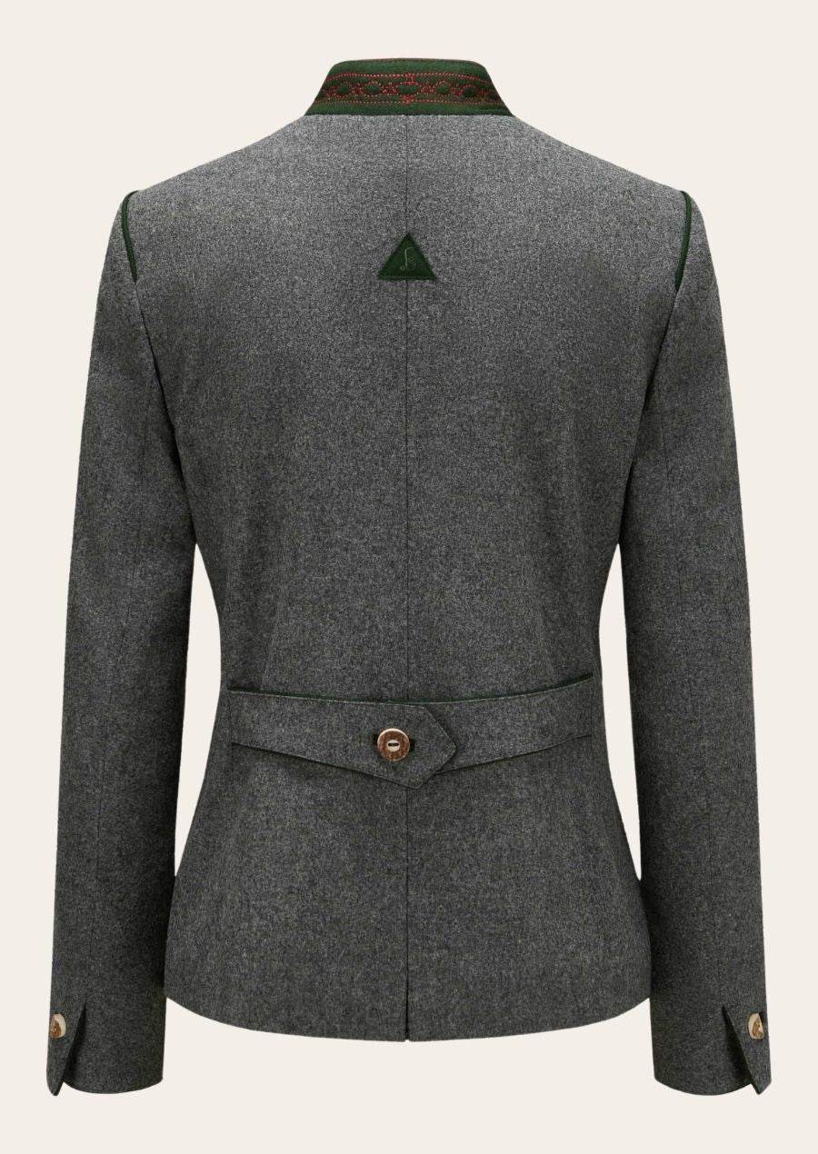Women’s traditional jacket in gray with green back emblem and waist belt