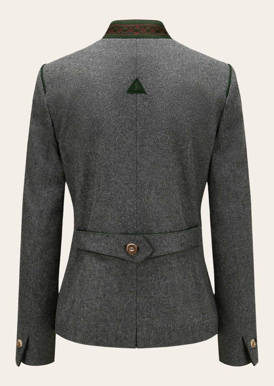 Women’s traditional jacket in gray with green back emblem and waist belt
