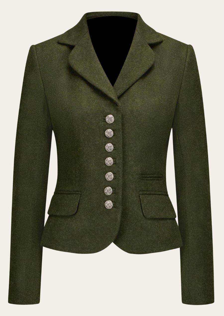 Dark green women's wool jacket, notch lapels, front button placket, pockets