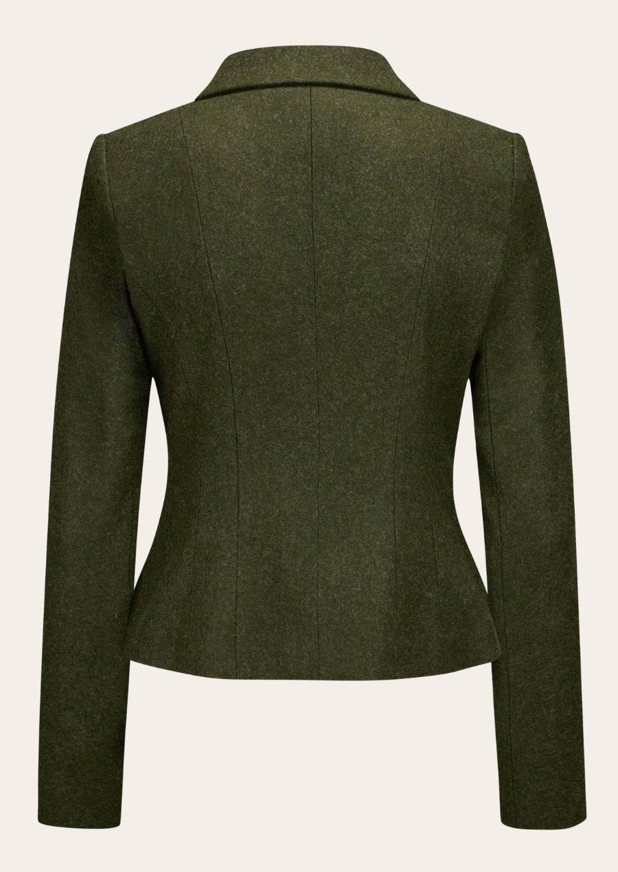 Dark green women's wool jacket, stand collar, long sleeves, back view