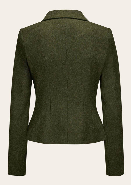 Dark green women's wool jacket, stand collar, long sleeves, back view