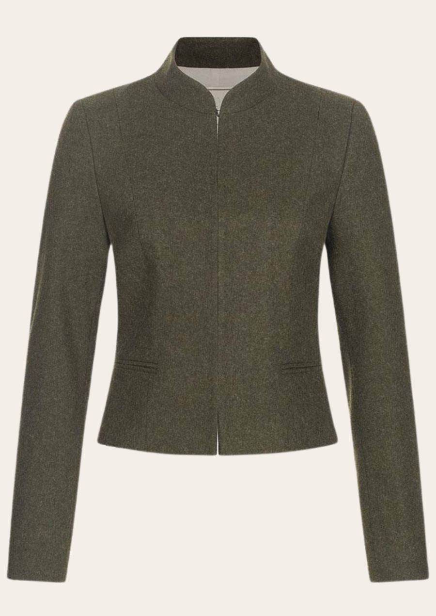 Women's dark green zip-up jacket with stand collar, long sleeves