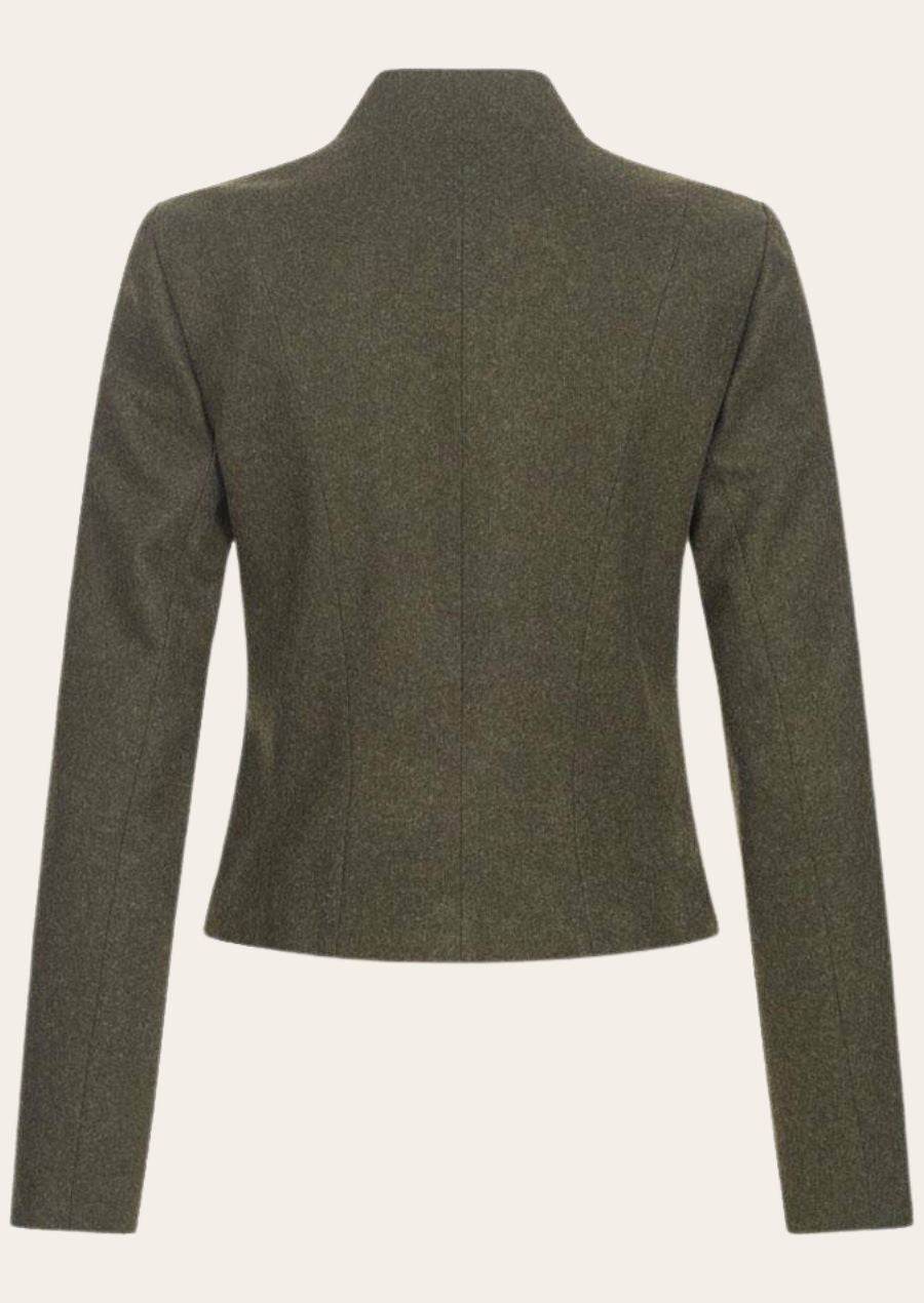 Women's dark green zip-up jacket, stand collar, long sleeves back view