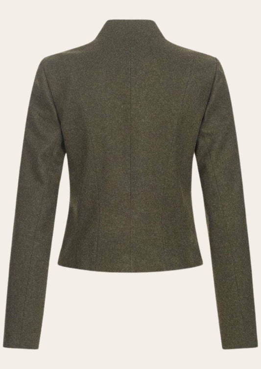 Women's dark green zip-up jacket, stand collar, long sleeves back view
