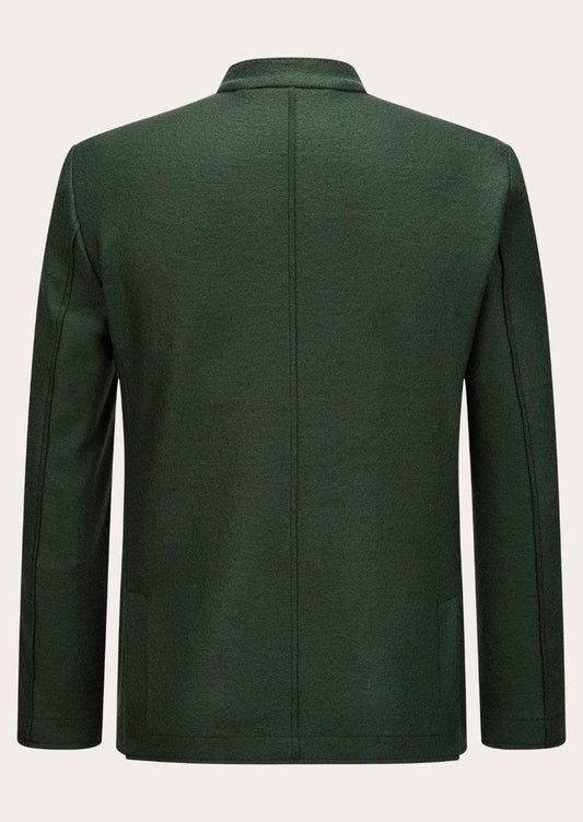 Men's traditional jacket back view, dark green, stand collar, long sleeves, centered seam