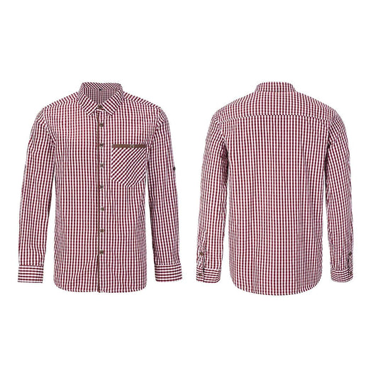 Men's red-and-white checkered button-up shirt, back view with yoke and long sleeves