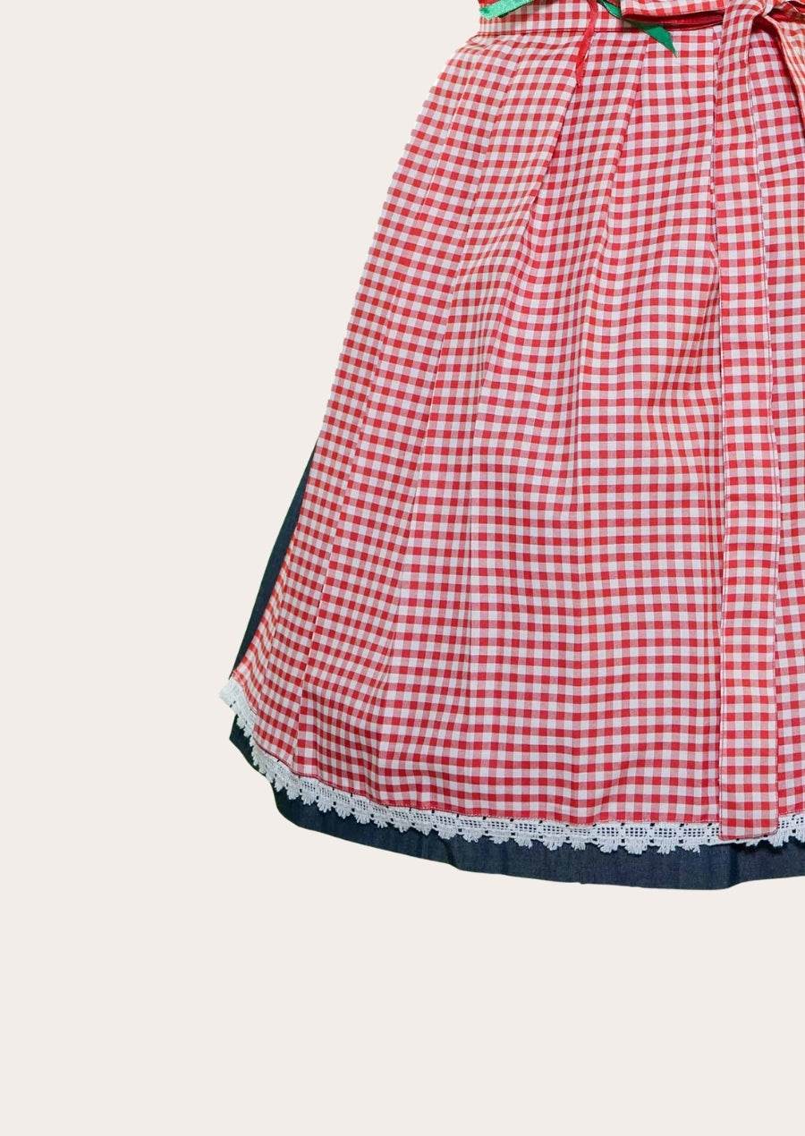 Red gingham midi skirt with blue trim and scalloped lace hem