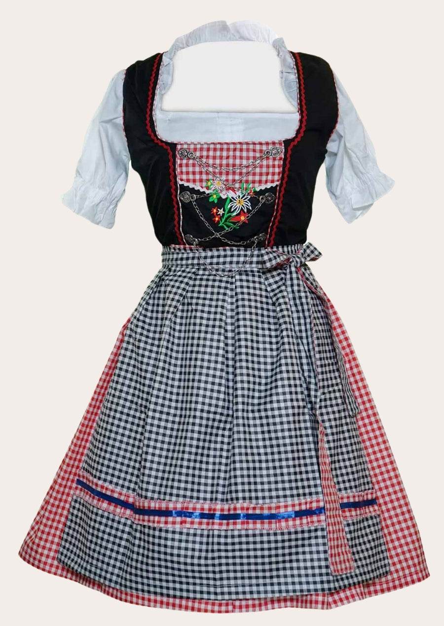 Midi dirndl dress: black bodice with floral embroidery, check skirt, ribbon lacing