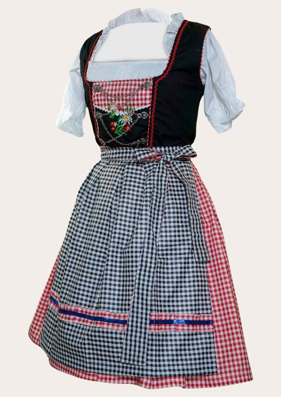 Midi dirndl dress with black bodice and floral embroidery, gingham skirt, tied ribbon