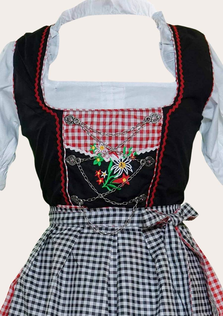 Midi dirndl dress: black bodice, floral embroidery, eyelet lacing, check skirt