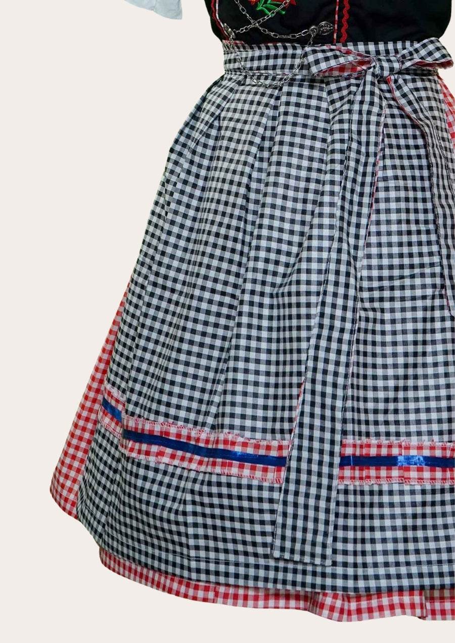 Checked midi dirndl skirt with waist bow, blue and red trim