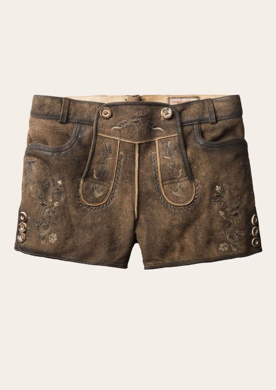 Women’s brown leather trachten shorts with floral embroidery and decorative buttons