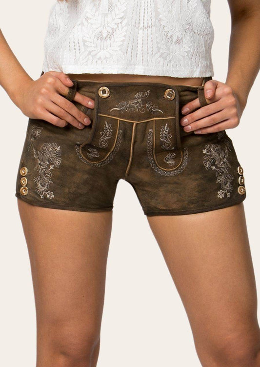 Women’s brown leather trachten shorts with stitched pockets, floral embroidery, metal eyelets