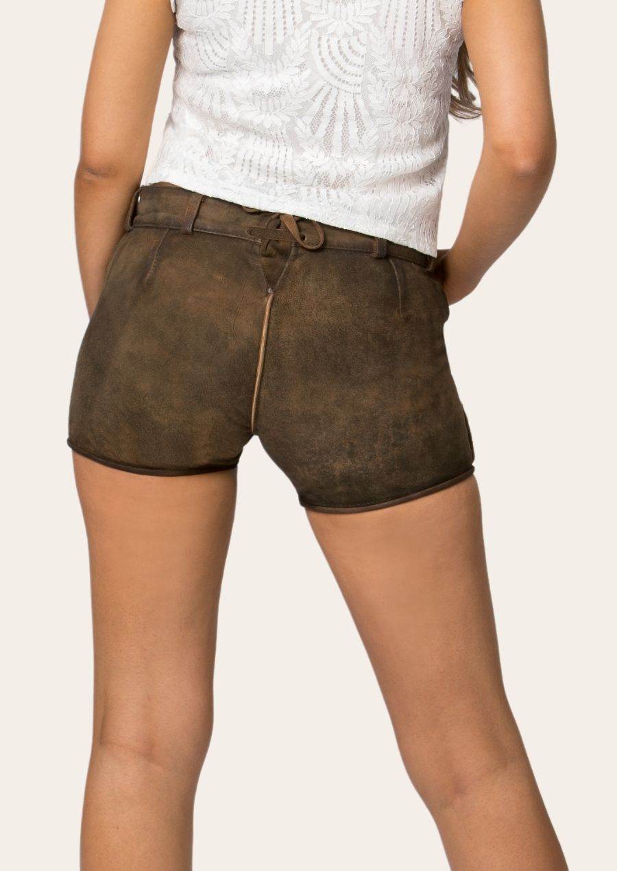 Women’s brown leather trachten shorts with belt loops and front button placket