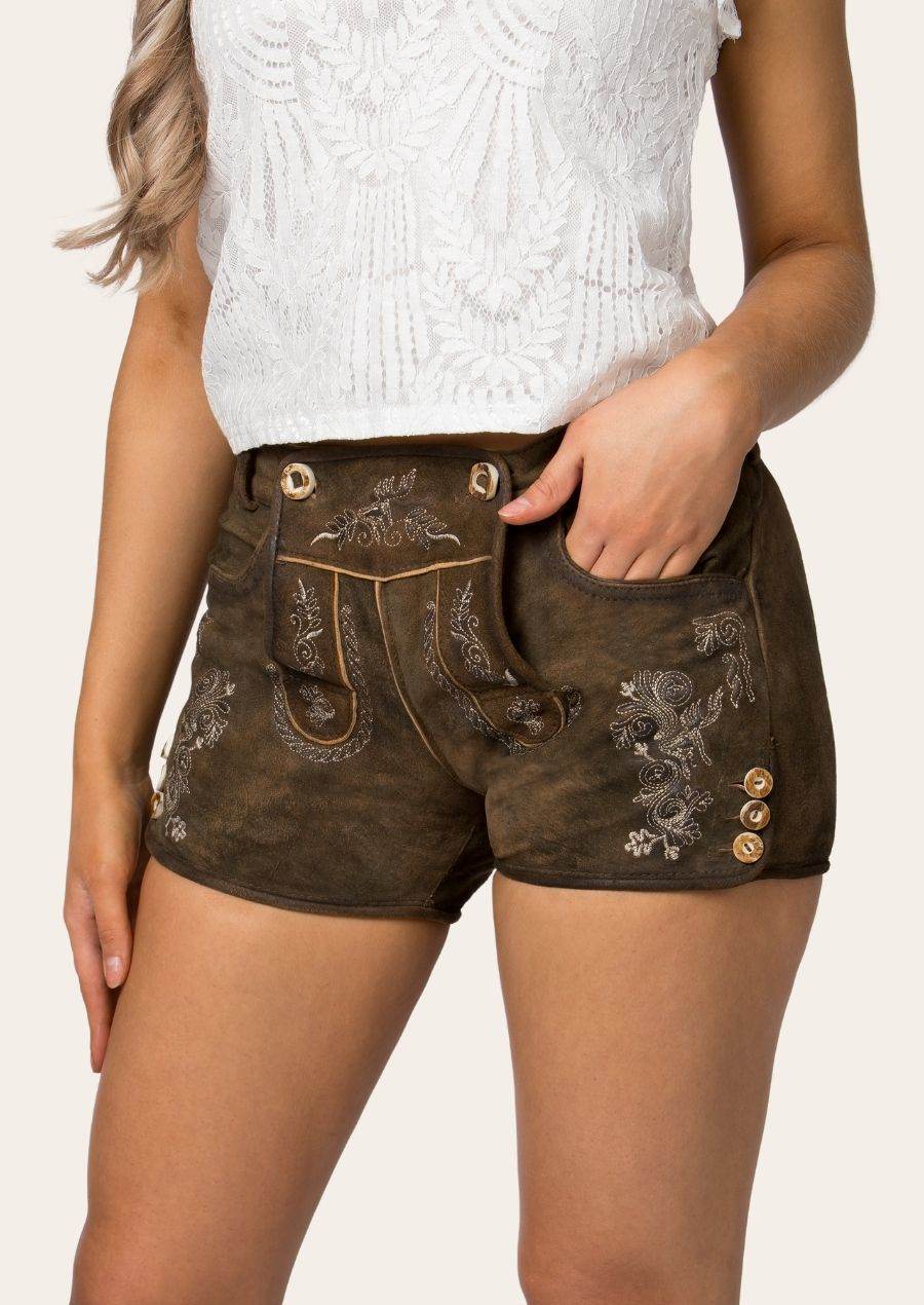 Women’s brown leather trachten shorts with floral embroidery and button trim at the cuffs