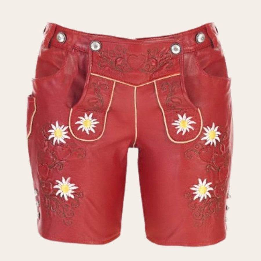 Red leather shorts with embroidered floral panels, metal buttons, belt loops