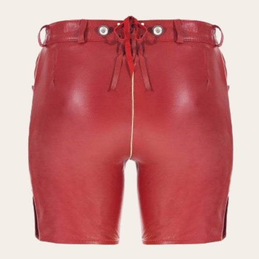 Red leather shorts with lace-up front, metal eyelet buttons, belt loops