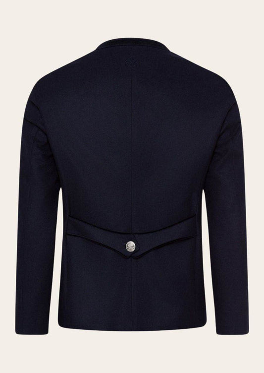 Men's navy jacket back view with curved yoke and center-button waist detail