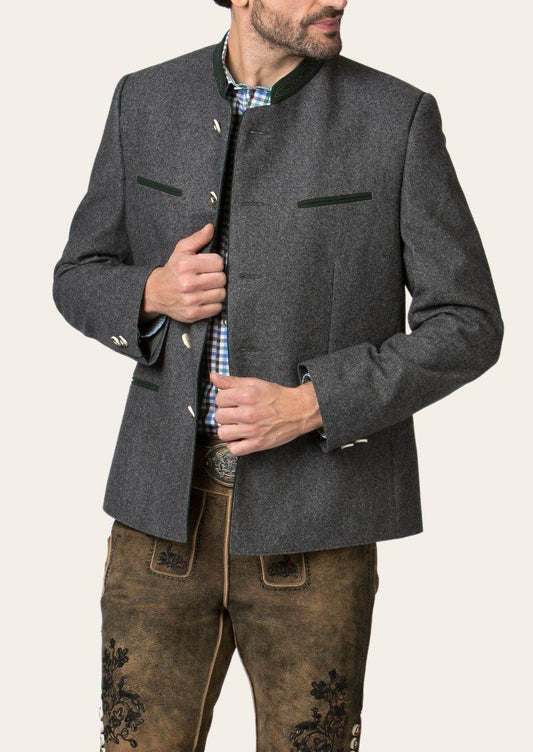 Men's traditional janker jacket, dark gray wool look, green trim and side pockets
