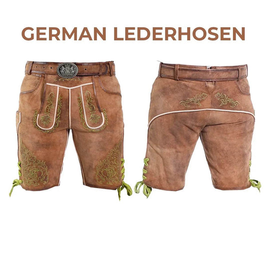 Brown leather lederhosen with green embroidery and laced ties; back view