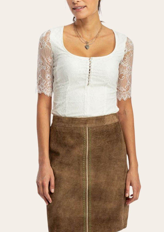 Women’s dark brown leather-look pencil skirt with center zipper seam and green stitching