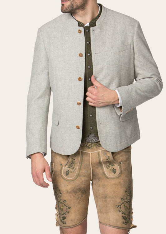 Men's light gray jacket with stand collar, gold button front, flap pockets, long sleeves