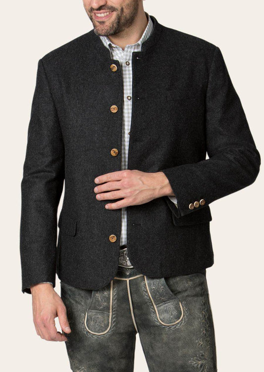Dark wool janker with stand collar, gold buttons, chest pocket, buttoned cuffs