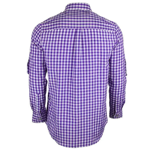 Men's Bavarian dress shirt, purple and white check, back, long sleeves