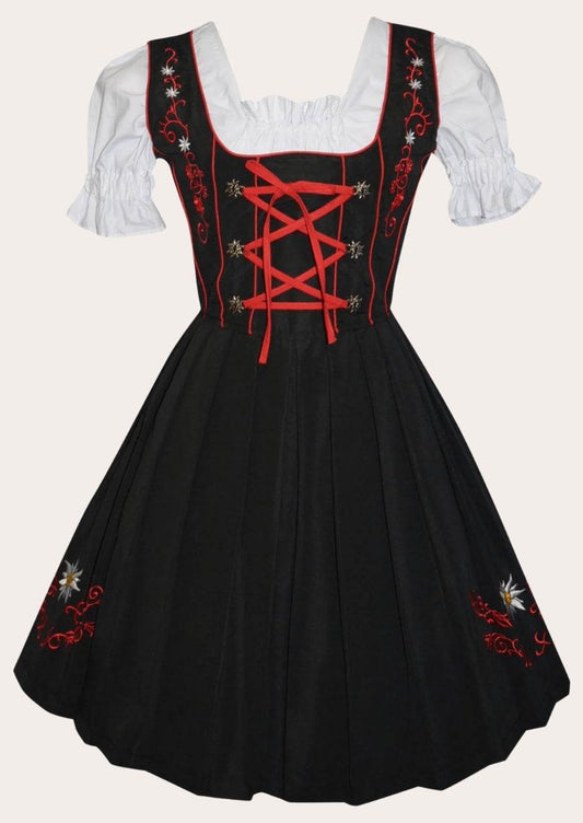 Black skirt dirndl dress with white puff sleeves, black bodice, red lace-up front
