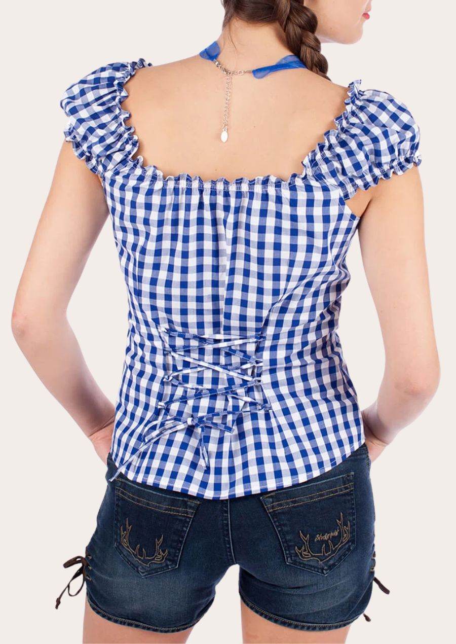 Women's blue-and-white gingham off-shoulder blouse with back tie and ruffle sleeves