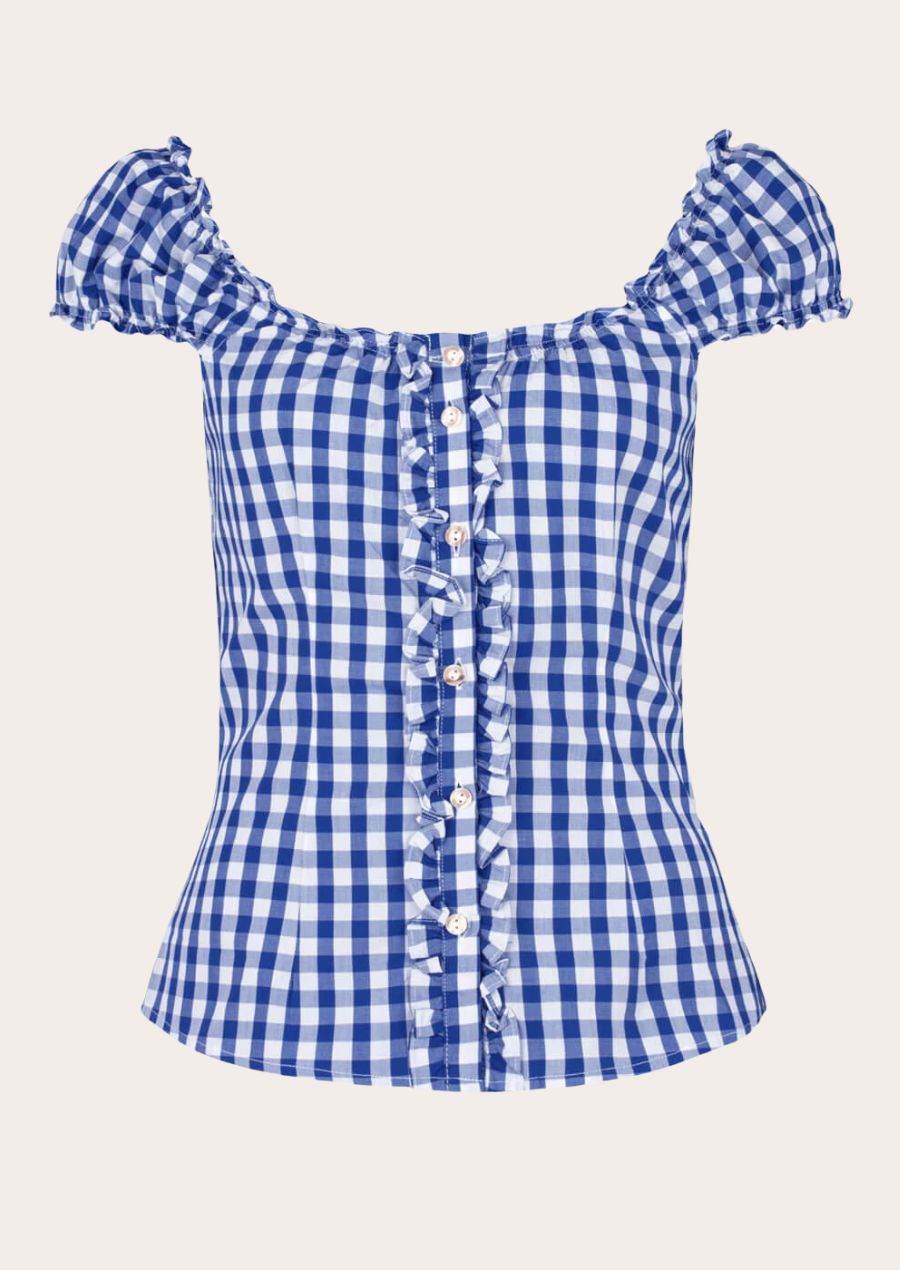 Women's blue-and-white gingham Oktoberfest blouse with ruffled off-shoulder sleeves and button front