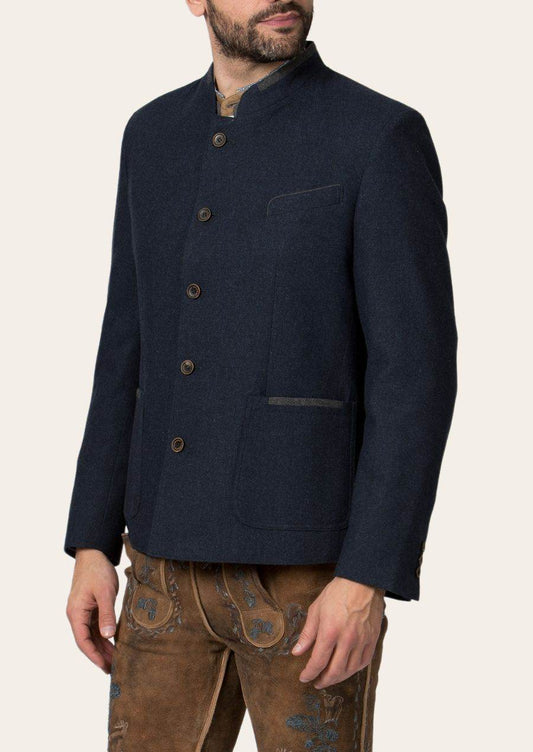 Men's traditional jacket, dark navy blue with stand collar and horn-style buttons