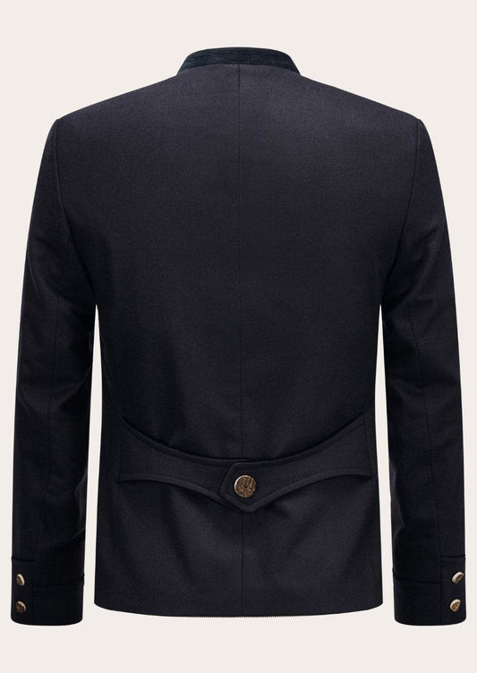 Men's traditional jacket back, dark navy, yoke seam, fitted waist panel, cuff buttons