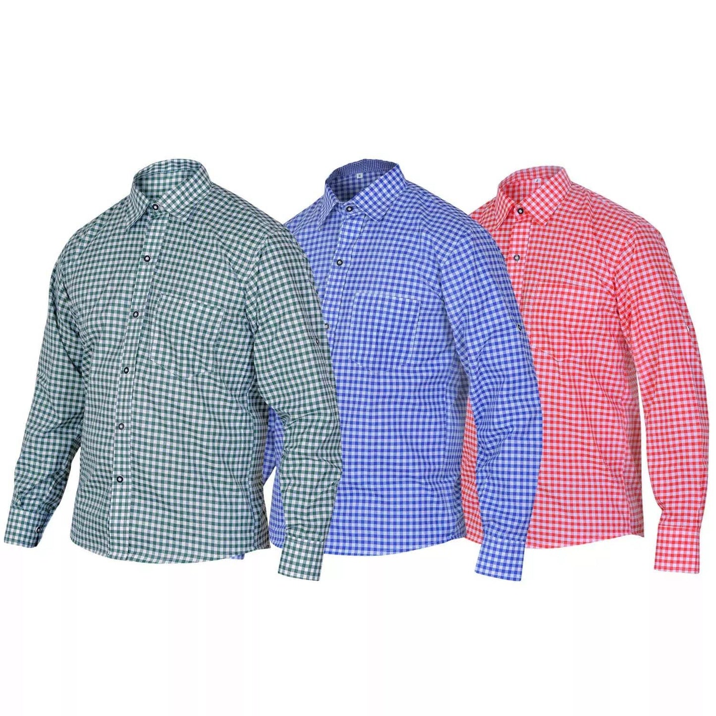 Men's checkered button-front dress shirt, long sleeves; teal, blue, and red