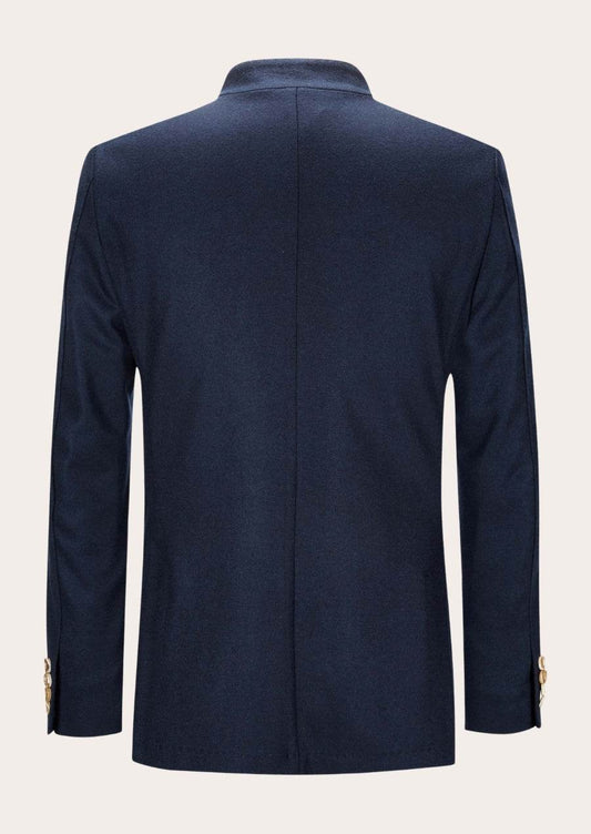 Navy men’s traditional jacket with stand collar and long sleeves, back view