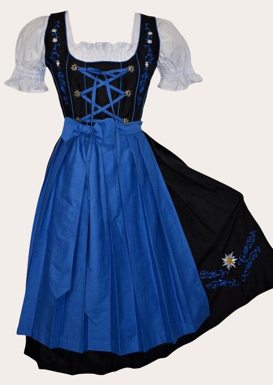 Midi dirndl with blue skirt, black bodice, puff sleeves, cross-lace front, black apron