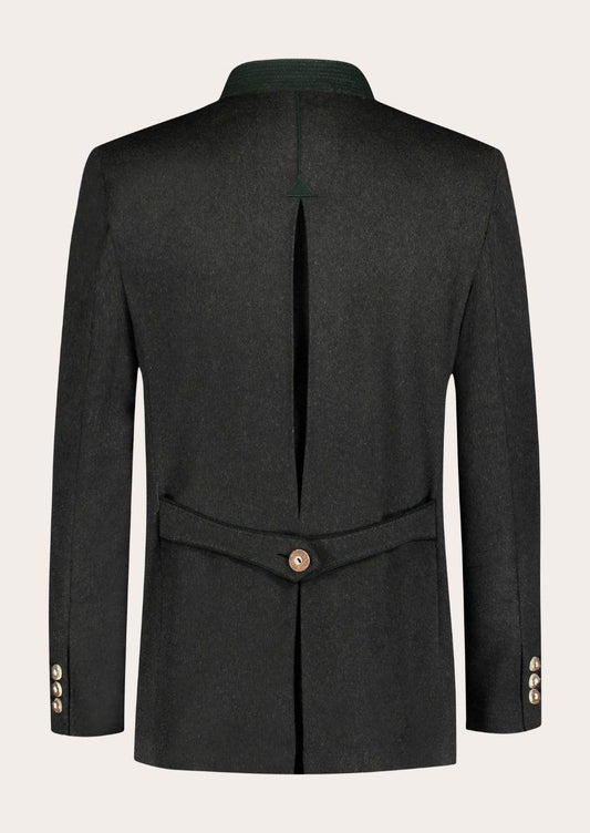 Men's walkloden jacket, back view with stand collar, center seam, waist belt with button