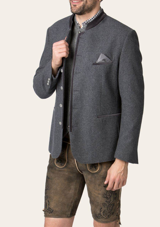 Men's dark gray traditional jacket, button front, stand collar, chest pocket with pocket square