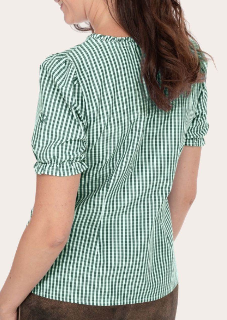 Green gingham dirndl shirt with gathered back yoke and short puff sleeves