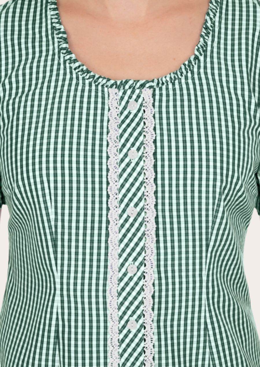 Green gingham dirndl shirt front with decorative lace trim placket