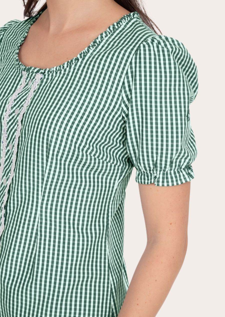 Green gingham dirndl shirt with lace placket and gathered short puff sleeves
