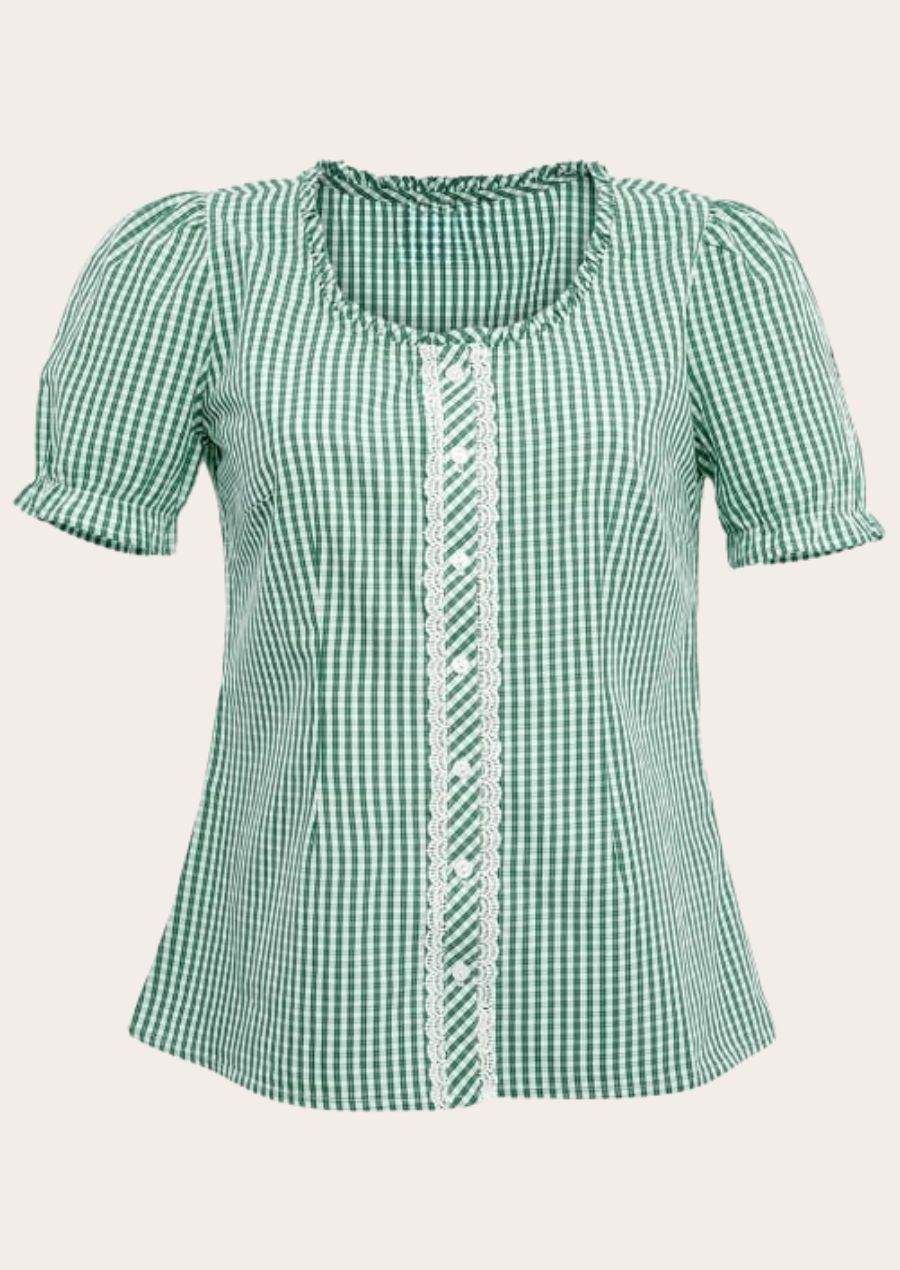 Women’s green check dirndl shirt with lace-trim front and puff sleeves