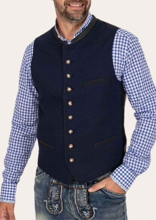 Dark navy men's waistcoat with stand collar, gold button placket, and welt pockets