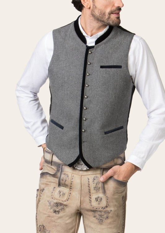 Men's traditional waistcoat, gray vest with black trim, button-front and flap pockets
