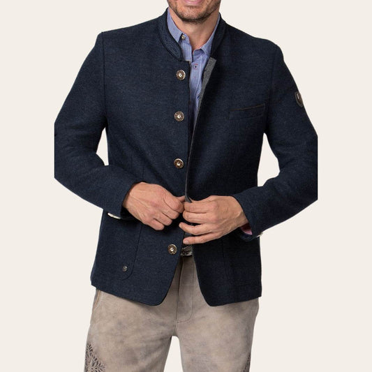 Men's dark blue button-front jacket with stand collar, chest pocket and side welt pockets