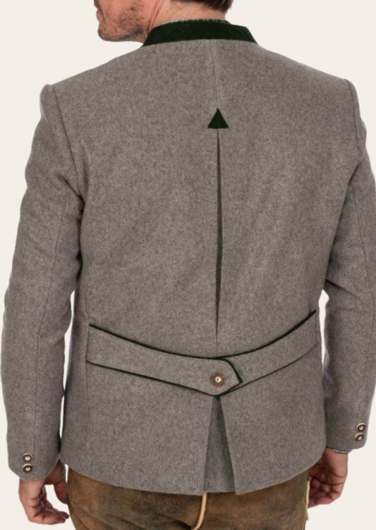 Men's traditional gray jacket with green stand collar and back center seam